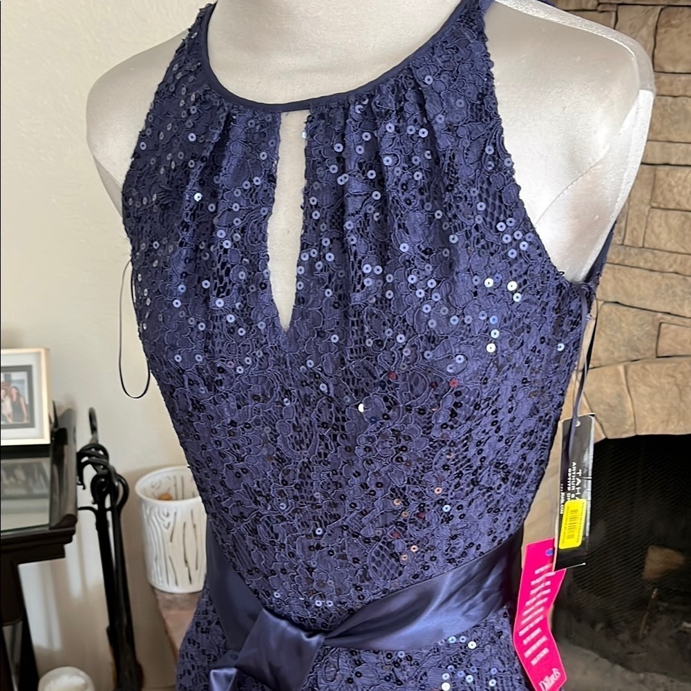 Tahari Elegant Navy Sequin Halter Dress Size 4P - Picture 2 of 6